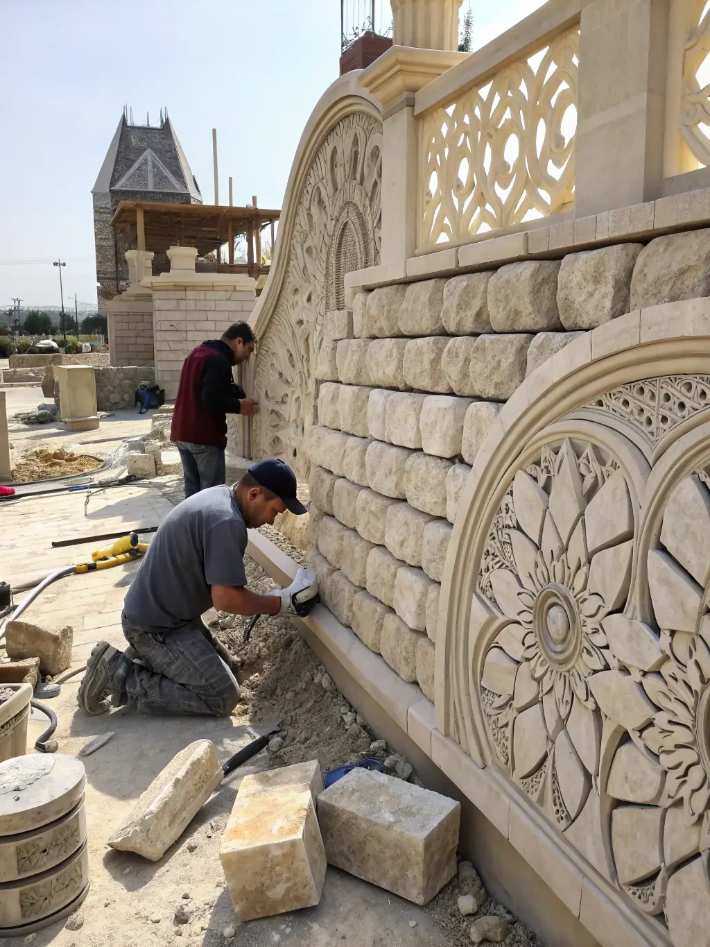 A photograph of artisans carefully restoring a historic stone building, highlighting craftsmanship and attention to detail. The image is used to showcase the Cultural Heritage Restoration initiative.