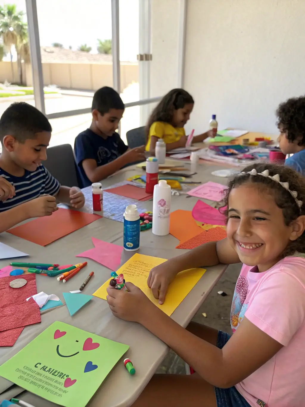 Children participating in a hands-on traditional craft activity during a school visit. This image represents the Educational Cultural Programs initiative.