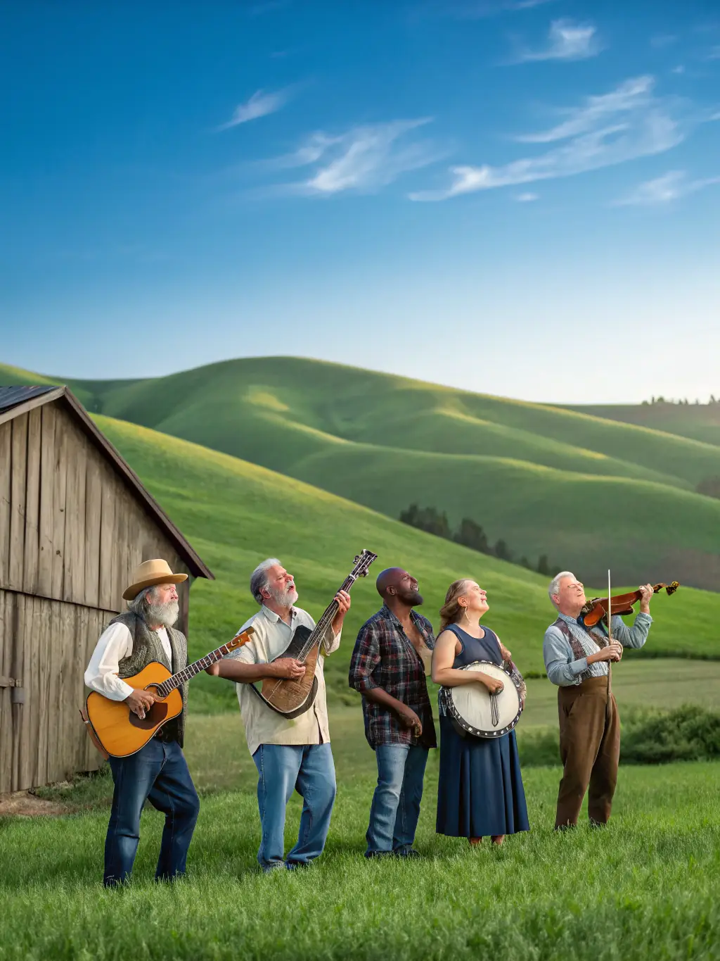 A vibrant image of a group learning traditional folk music instruments in a rural setting, emphasizing the cultural aspect of the training program.