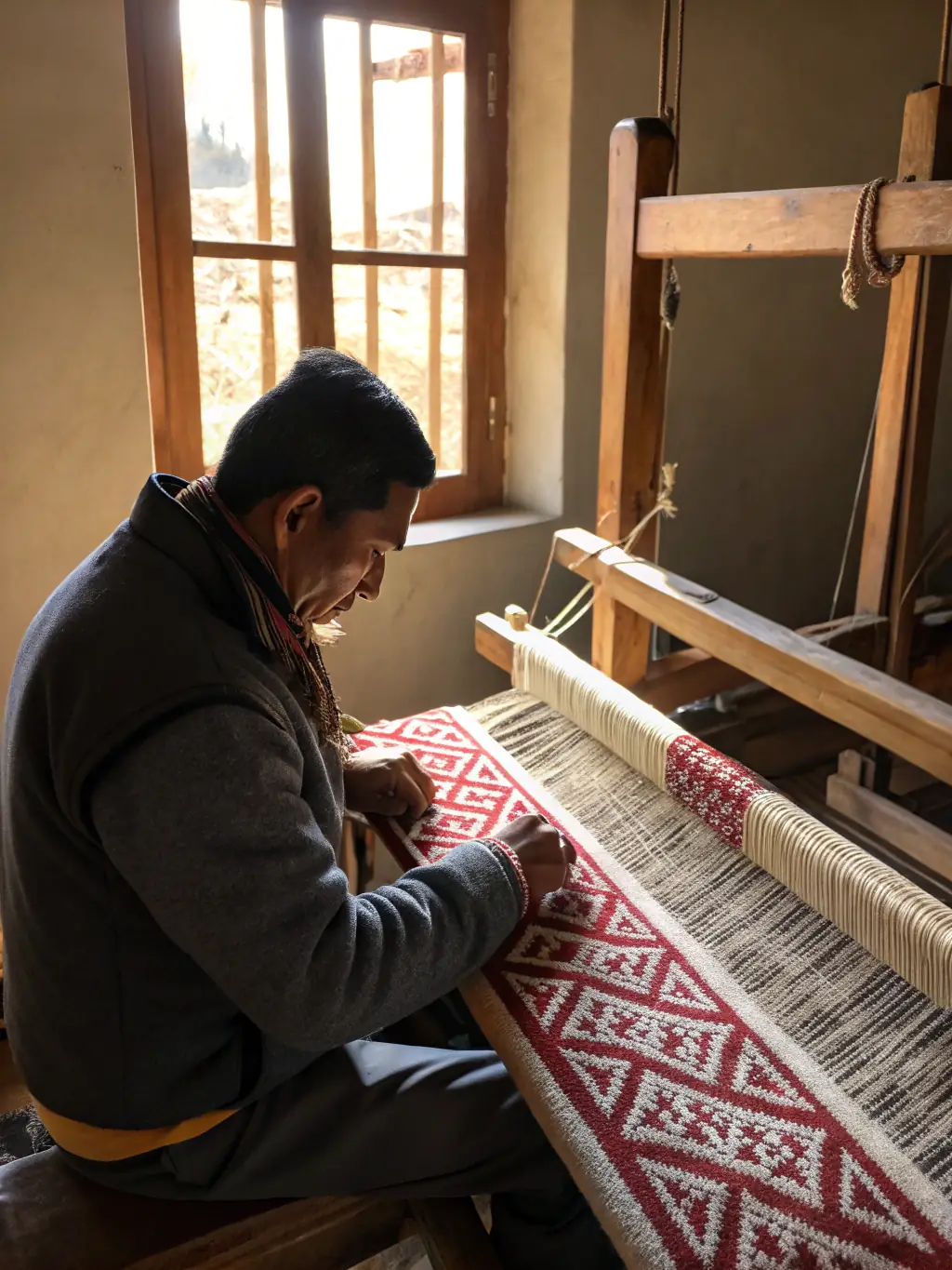 An image of a workshop where participants are learning traditional weaving techniques from an expert artisan. This image represents the Traditional Knowledge Workshops initiative.